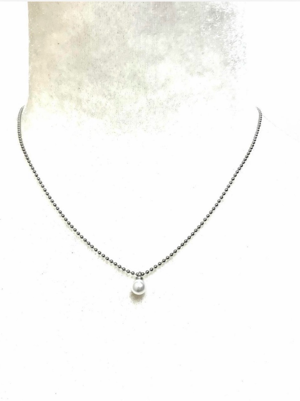 Silver Bead Necklace with White Pearl Pendant
